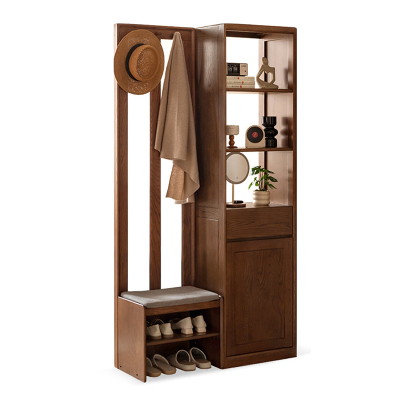 Armoire de séparation 74,8 "H en bois massif minimaliste moderne, console de rangement pour chaussures tout-en-un avec banc à chaussures et crochets à manteau pour le salon
