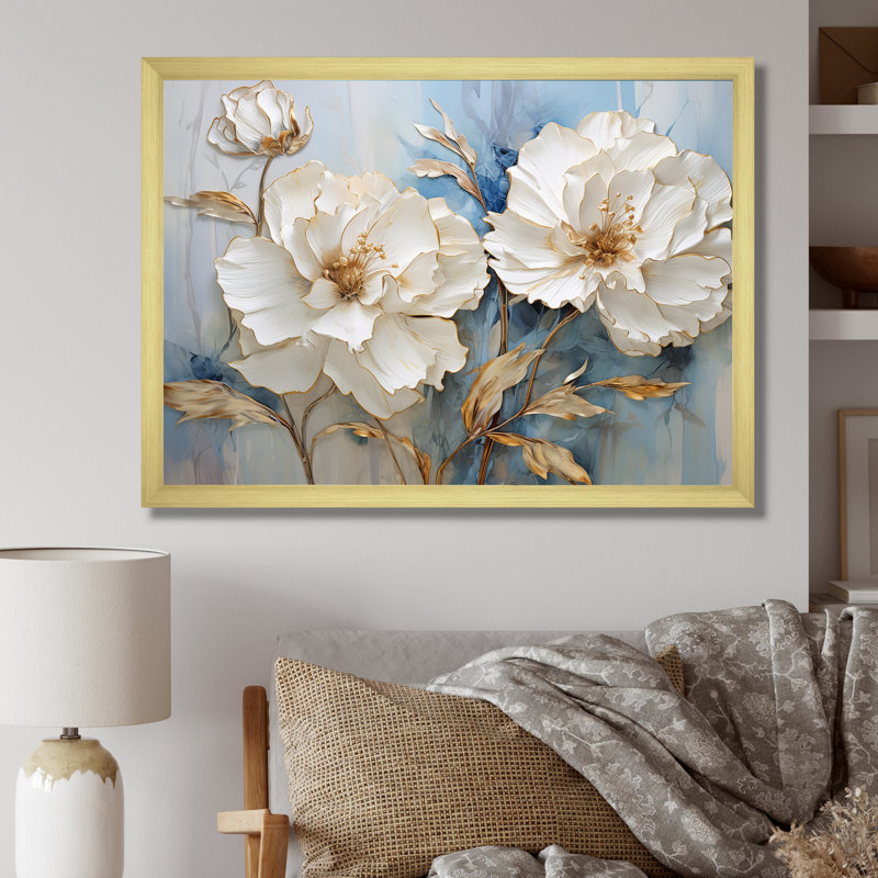 Minimalisme, œillets blancs sur toile, Cadre doré simple, H 24 po x l 32 po x P 1 po