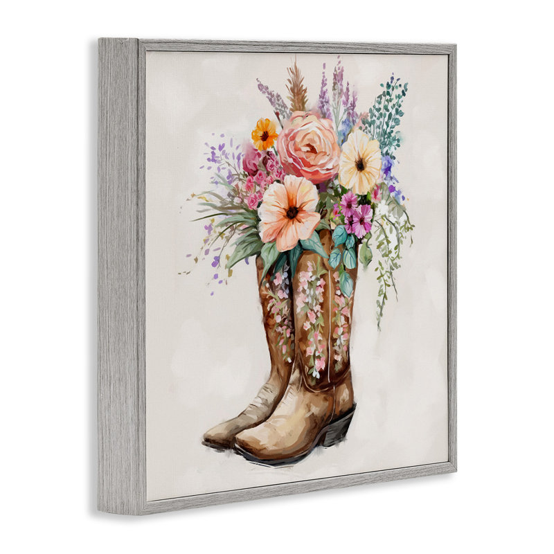 "Country Cowboy Bottes", bouquet encadré sur bois par Ziwei Li, impression, H 24 po x l 24 po, Estampe numérique Farmhouse