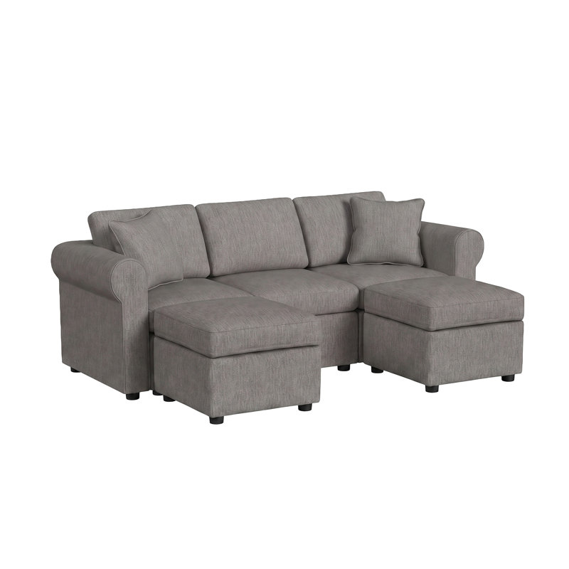 Canapé modulaire 3 places Lockheart 88 po avec accoudoirs arrondis et 2 poufs, couleur fumée, Polyester gris