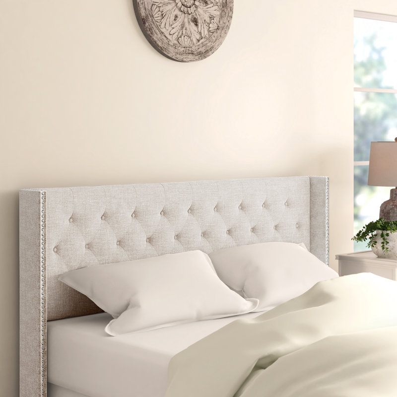 Upholstered Wingback Headboard, King, Grayish Beige