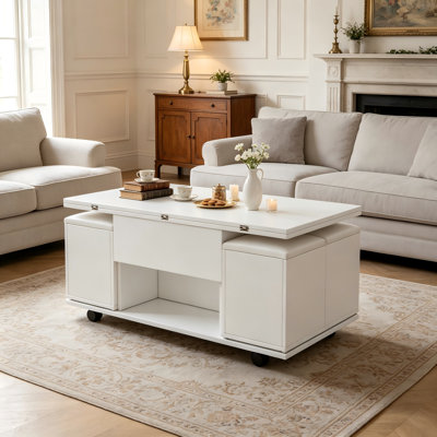 Modern White Lift Top Coffee Table With Storage Compartment and 3 Padded Storage Stools