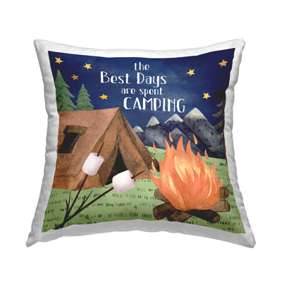 Mountainside Camping Landscape Roasting Marshmallows Scene Printed Throw Pillow Design By ND Art