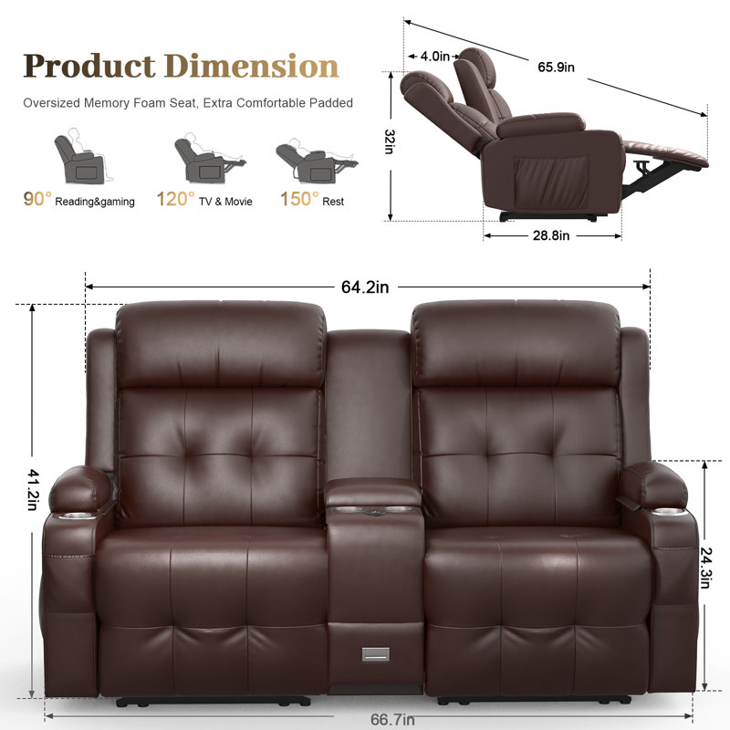 Loveseat, 2 Seater Manual Recliner With Cup Holders, USB And Type-C Port, Faux Leather Recliner Chair With Massage Function For Living Room Furniture