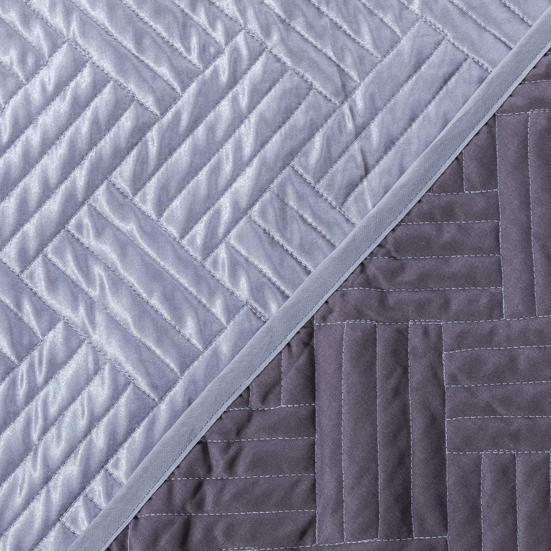 3 Pieces Quilt Set, Silk Satin Geometric Pattern Quilted Coverlet Set (1 Quilt, 2 Pillow Shams) - NTBAY, King, Dark Gray