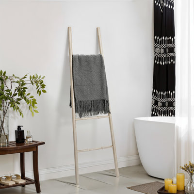 61.3" H Straight Leg Solid Birch Wood Blanket Ladder Rack, Natural Decorative Leaning Blanket Ladder
