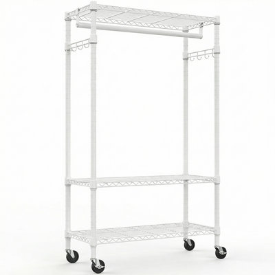 Portant à vêtements robuste à roulettes, étagère à vêtements réglable à 3 niveaux avec tringles et crochets latéraux, rangement pour garde-robe sur roulettes, blanc