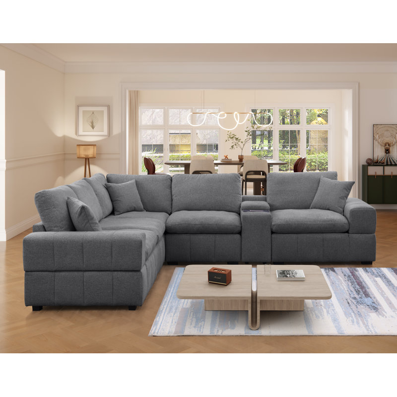 Upholstered Chenille 6 Piece Modular Sectional Sofa With 2 Cup Holders & Wireless Charging & Storage, Dark Gray Chenille