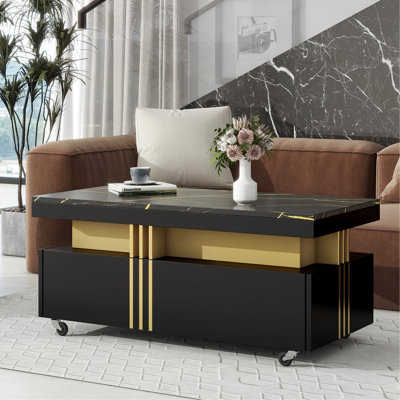 Table basse contemporaine à roulettes H 17,5 po Masin, table de bout avec plateau en faux marbre, table centrale luxueuse