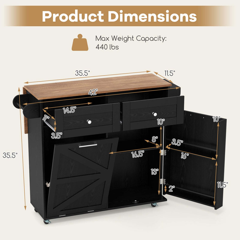 Rolling Kitchen Island Kitchen Island Cart With Drop Leaf Trash Can Cabinet, Black