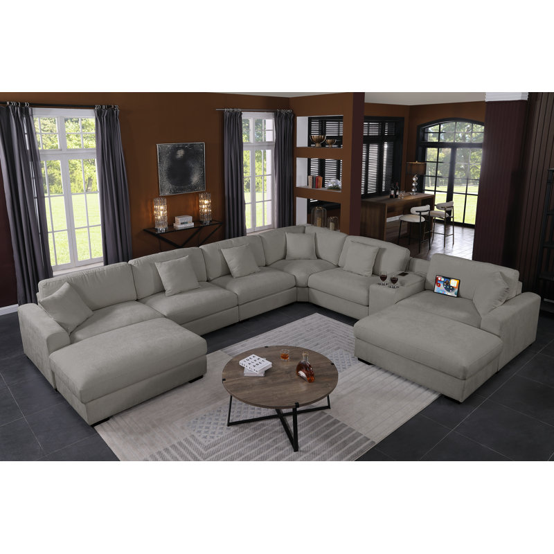 8-Person Chenille Sectional with Console and 2 Ottomans, Light Gray Chenille