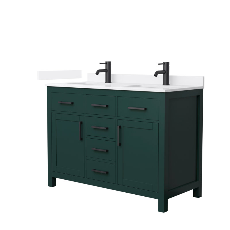 Meuble-lavabo double autoportant 48 po avec plateau en quartz Beckett, Vert, Noir mat, Quartz blanc