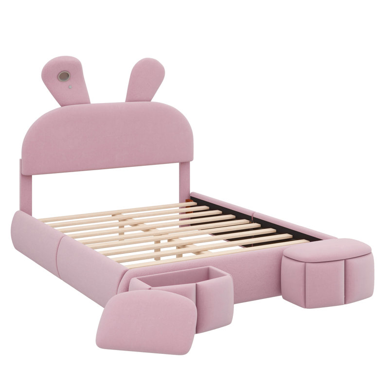 Full Size Platform Bed With Fabric Upholstery, Comes With 2 Ottoman Storage Units, Adorable Cartoon Ear-Shaped Headboard Equipped With Built-In Leds