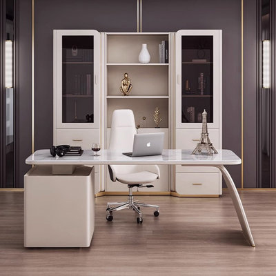 White Rectangular Sintered Stone Executive desk with drawers desk