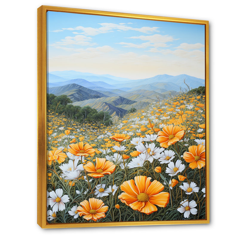 Jaune souci jaune dans un paysage de montagne II sur toile, Cadre flottant doré, H 20 po x l 12 po x P 1 po