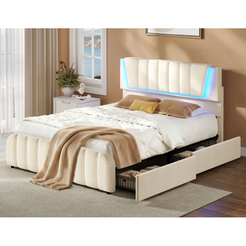Upholstered Platform Bed With Adjustable Headboard And 4 Storage Drawers, Blanc, Double