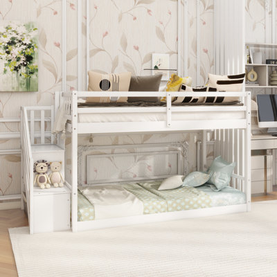 Twin Over Twin Floor Bunk Bed, Ladder With Storage