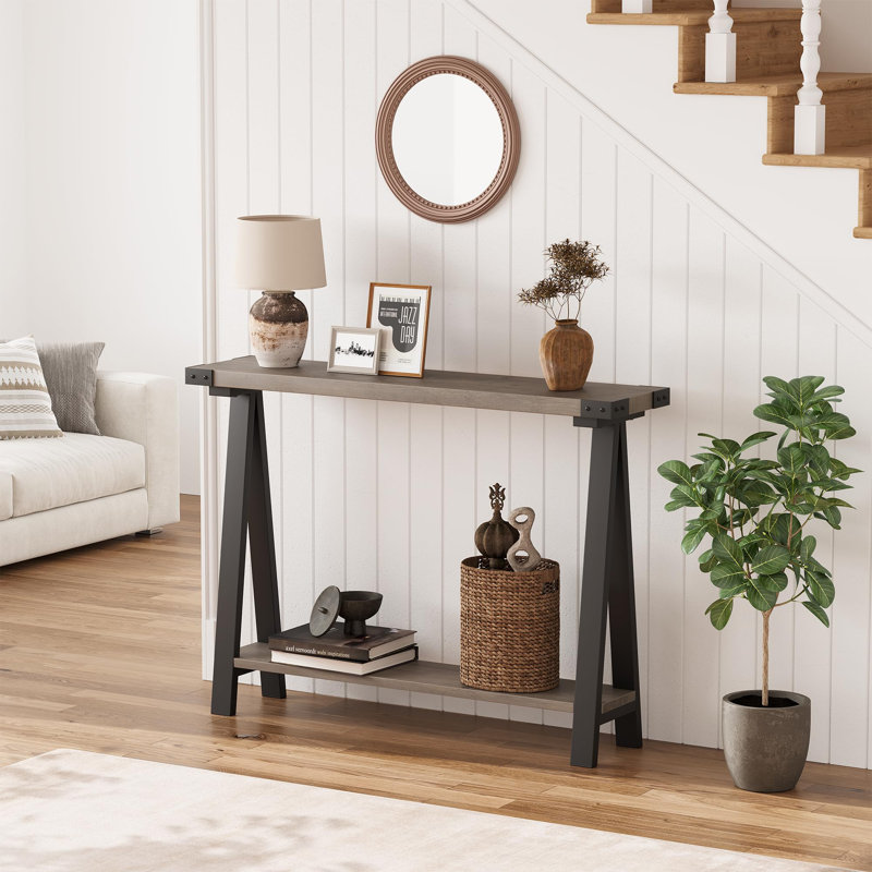 Farmhouse Console Table, 43.3" Entryway Table with 2-Tier Storage & Metal Frame for Living Room, Hallway, Behind Couch, Gris