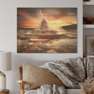 Volcanic Eruption At Sunset I - Geyser Wood Wall Art On Natural Pine Wood