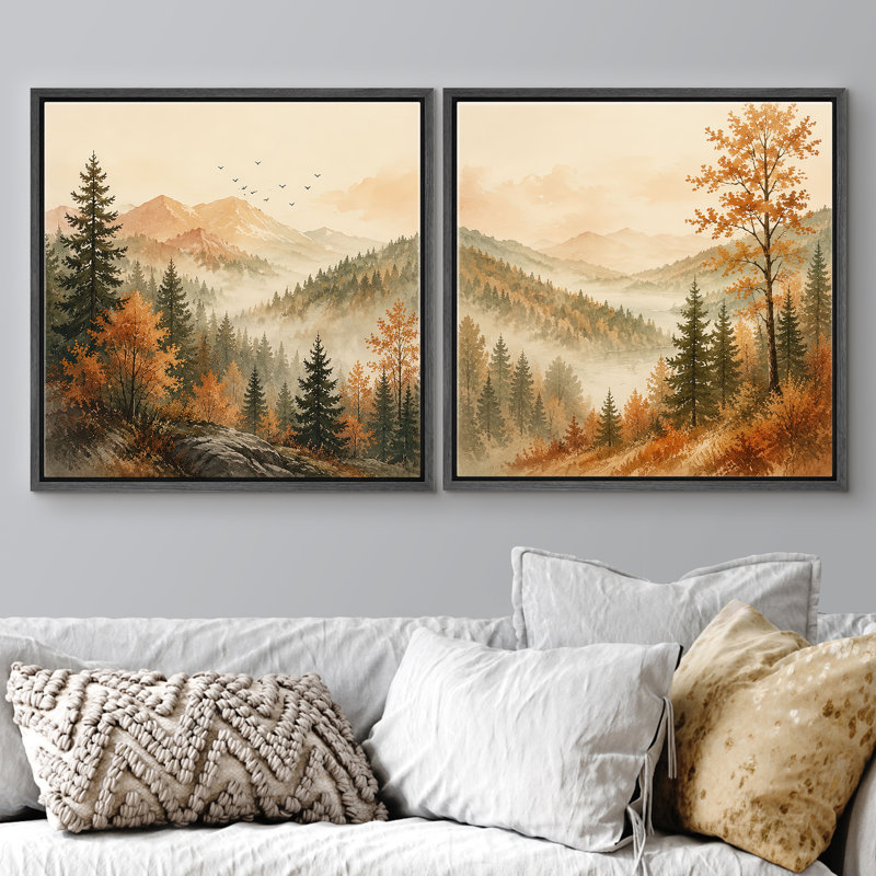 «Serene Mountain Valley with Pine Trees and Soft Autumn Landscape», ensemble de 2 reproductions d'art encadrées, Cadre noir