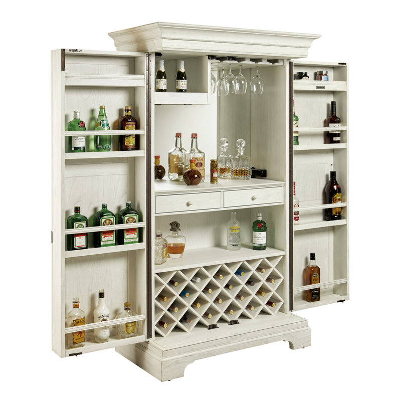 Ivory Oak Distressed Wood Bar Cabinet with Charcoal Gray Pulls