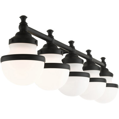 Superbe luminaire de meuble-lavabo de 42 po avec abat-jour en verre soufflé à la main - 5 lumières.