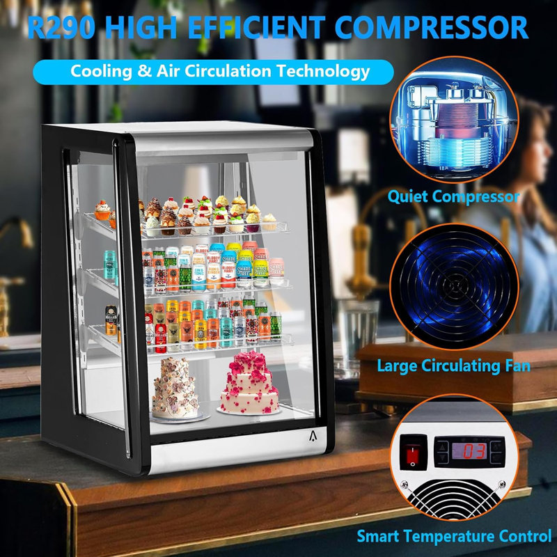 Countertop Display Refrigerator, Glass Door, 5.2 Cu.Ft, LED Lighting, Adjustable Shelves, Anti-Fog, Fast Cooling, Commercial Use for Bakery, Cafe, Restaurant