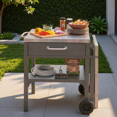 Chariot pour îlot de cuisine pour l'extérieur avec table d'appoint pliable, plan de travail en acier inoxydable, espace de rangement ouvert et crochets en métal