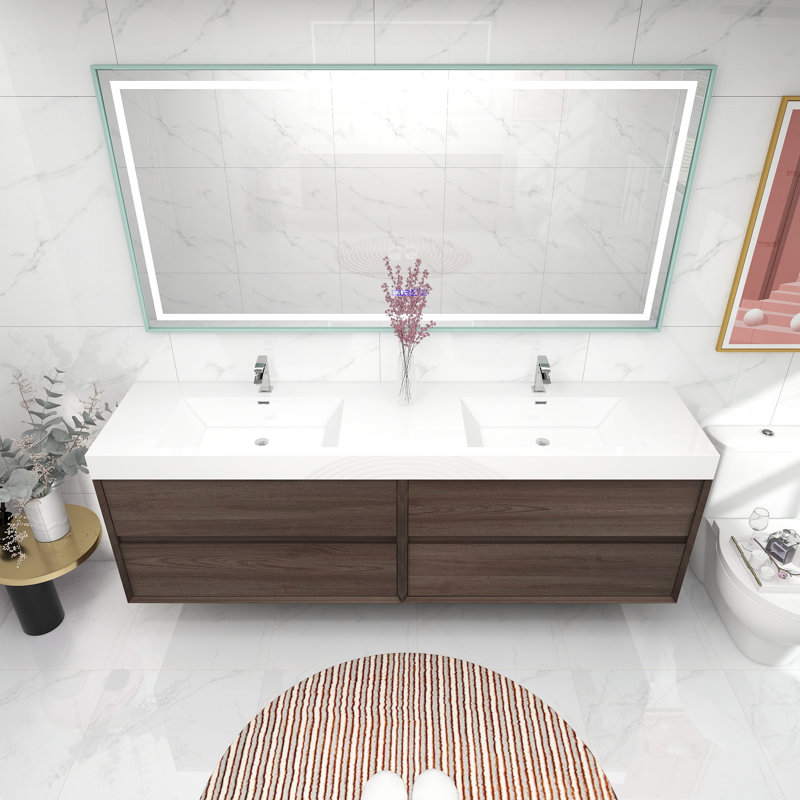 Ensemble de meuble-lavabo mural double l 83 po Loulietta, Chêne rouge