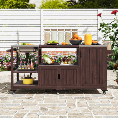 Versatile Outdoor Grill Cart with Fir Wood Design, Stainless Steel Tabletop, Sink and Ample Storage