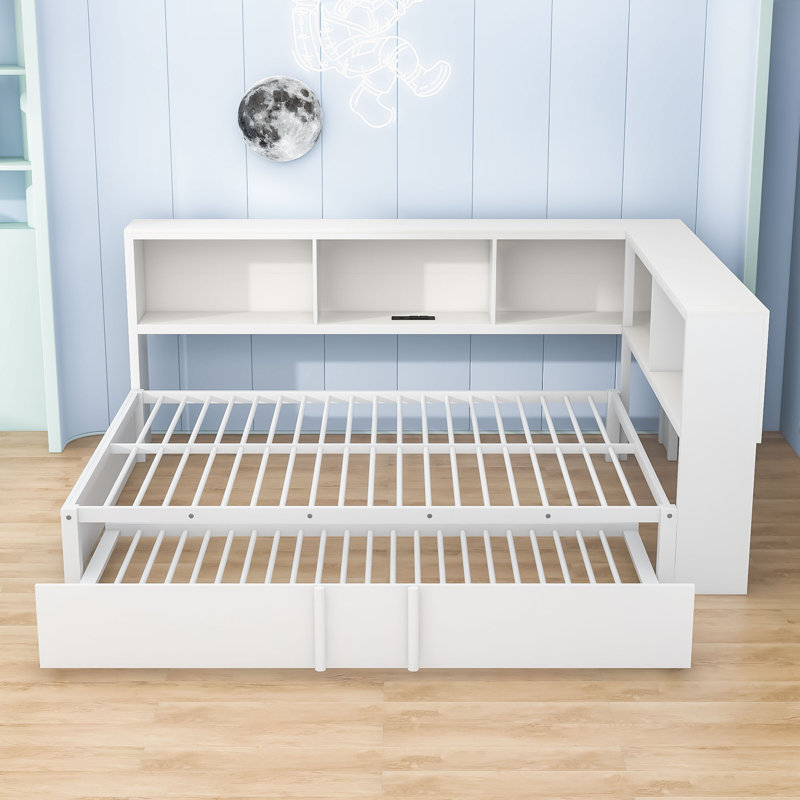 Full Metal Daybed with Storage and Trundle and USB Ports, White