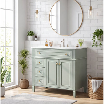 Meuble-lavabo 36 po avec lavabo, armoire en bois massif vert avec tiroir rabattable, 3 tiroirs et 2 portes à fermeture en douceur, poignées dorées, deux ensembles