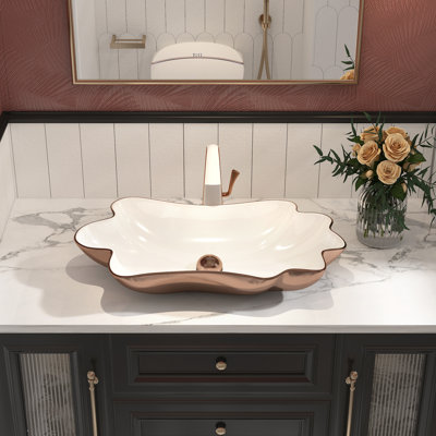 Lavabo de salle de bain unique en forme de fleur de lotus de 24 pouces MEJE, lavabo de meuble-lavabo en céramique en porcelaine au-dessus du comptoir, lavabo d'art (avec drain escamotable inclus)