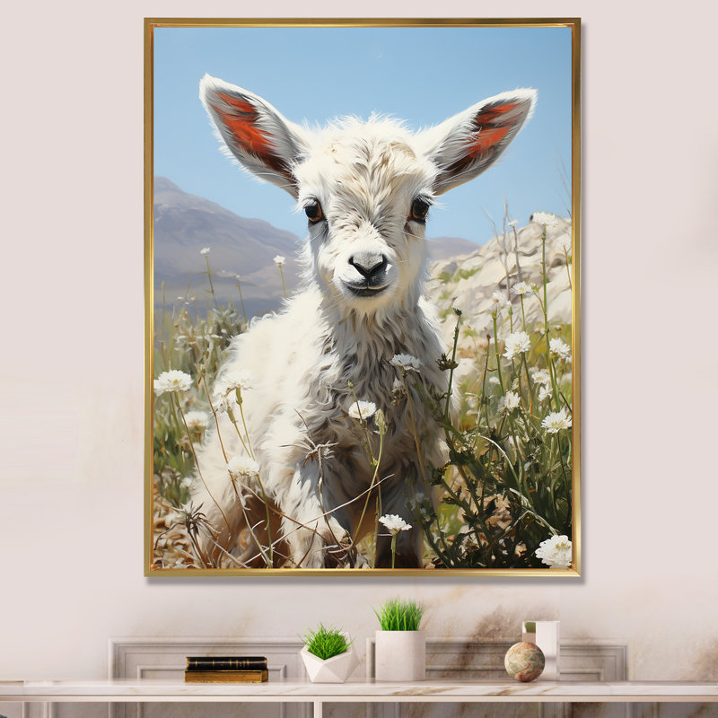 «Baby White Goat Peaks» - art mural animal de chèvre, Cadre photo noir, H 20 po x l 12 po