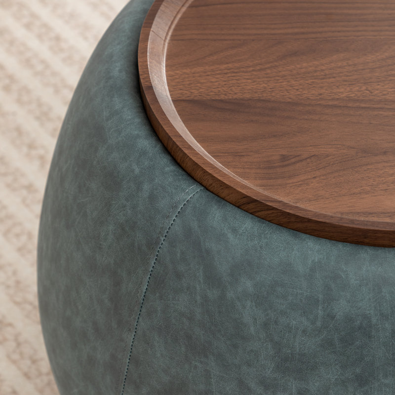 Pietsch Upholstered Round Storage Ottoman With Wooden Tray, Vintage Blue