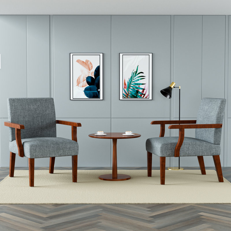 Set of 2 Fabric Upholstered Accent Armchairs with Round Wooden Dining Table, Dark Grey Fabric