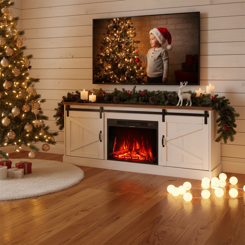 Deshanta 67" Farmhouse TV Stand With Electric Fireplace For 75 Inch TV, Media Console With Sliding Barn Doors, Timer & Wood Storage Cabinet