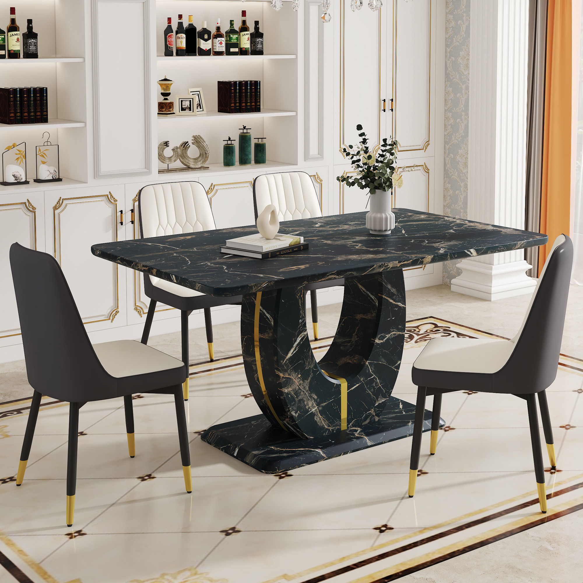 Rosdorf Park Black marble pattern mdf dining table set, 63"x37" table ...