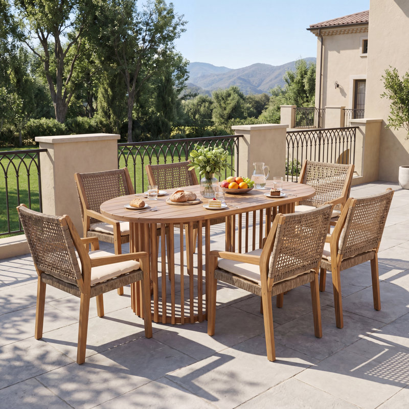 Ensemble de salle à manger de patio moderne en bois d'acacia pour 6 personnes Decia, Cream