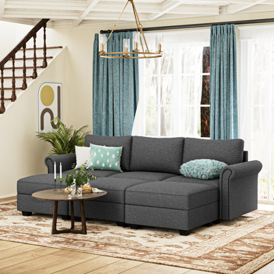 6 Sectional With 3 And 3 , Ideal For Bedroom, Living Room, Office - Modern U Shaped Style, Grey Upholstery, Soft Seat Plushness, Pillow Back, Rolled Arms, Memory Foam Filler, Spacious Seats, Storage,