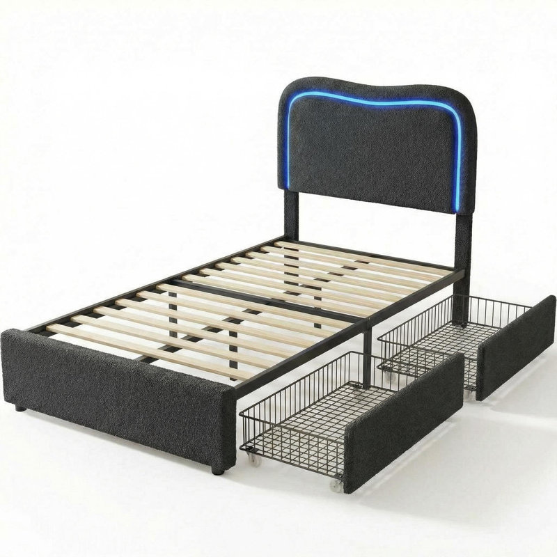 Base de lit tapissier pleine grandeur avec tête de lit à DEL - 2 grands tiroirs de rangement - lattes en bois robustes - sans bruit, aucun sommier nécessaire - plateforme moderne pour enfants et adolescents - noir, double