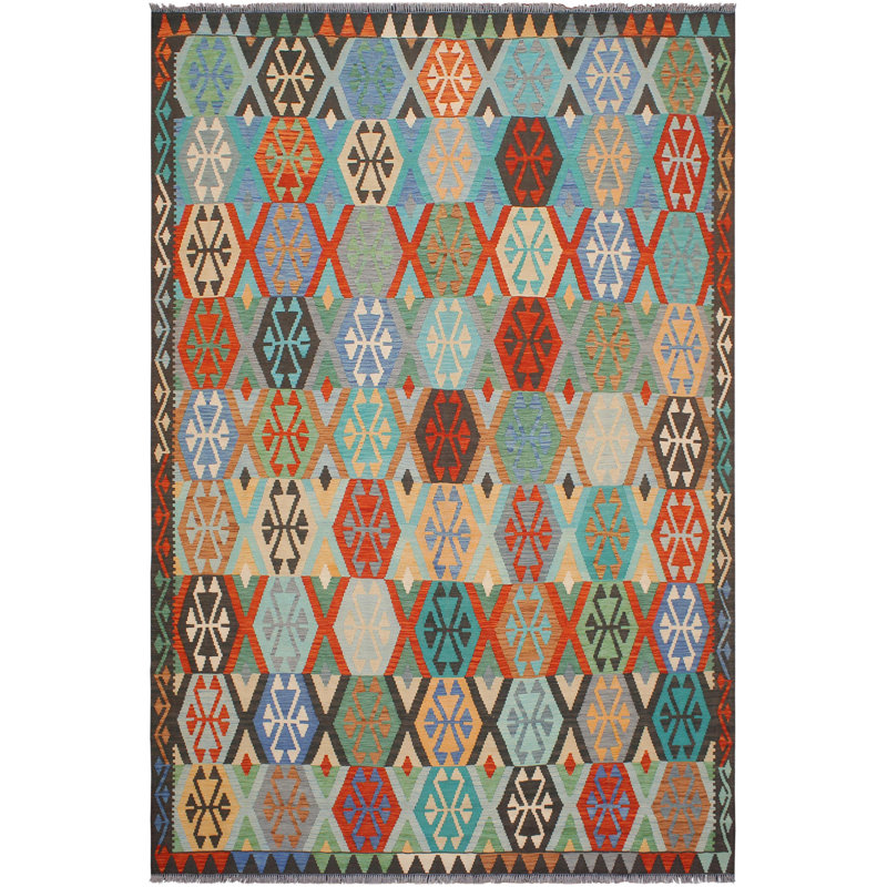 Tapis géométrique en laine noué à la main à motif géométrique de couleur rouille / bleu / brun 8 pi 2 po x 9 pi 9 po Cedorah