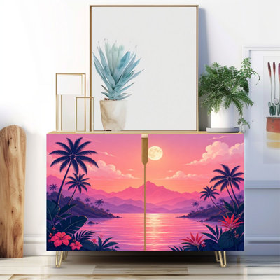 Buffet étroit de 35,4 po de largeur - armoire de rangement décorative à 2 portes avec paysage tropical de palmiers coucher de soleil et pieds en métal