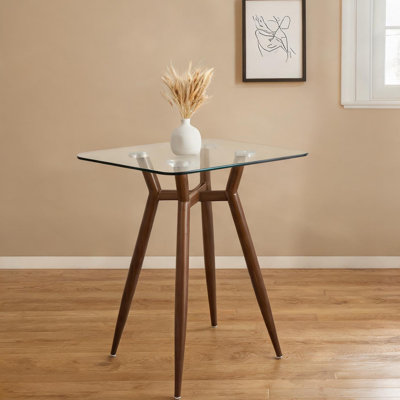 Table de comptoir carrée pour 4 personnes avec plateau en verre trempé et pieds en métal, style Mid-Century moderne