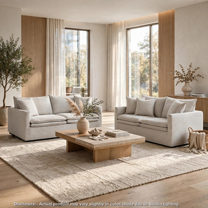 Ensemble de canapé et causeuse 2 pièces Rutu avec 4 coussins, accoudoirs carrés, lin gris clair