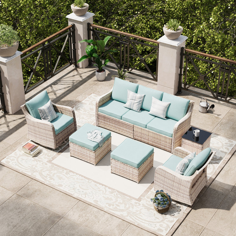  Patio Furniture Set With Swivel Rocking Chairs, 6 Pieces Patio Conversation Set, Outdoor Wicker Sofa Couch With Waterproof Cushions For Lawn Backyard Porch (Blue)