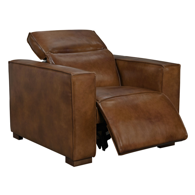 Petkana Reclining Lounge Chair With Barista Brown Legs And Tan Full-leather, Brown Wood