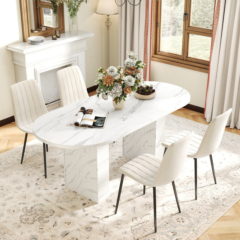 Oval Dining Table Set With 4-6 Matching Chairs For Dining Room, Beige, 5 Pieces: Table, 4 Chairs
