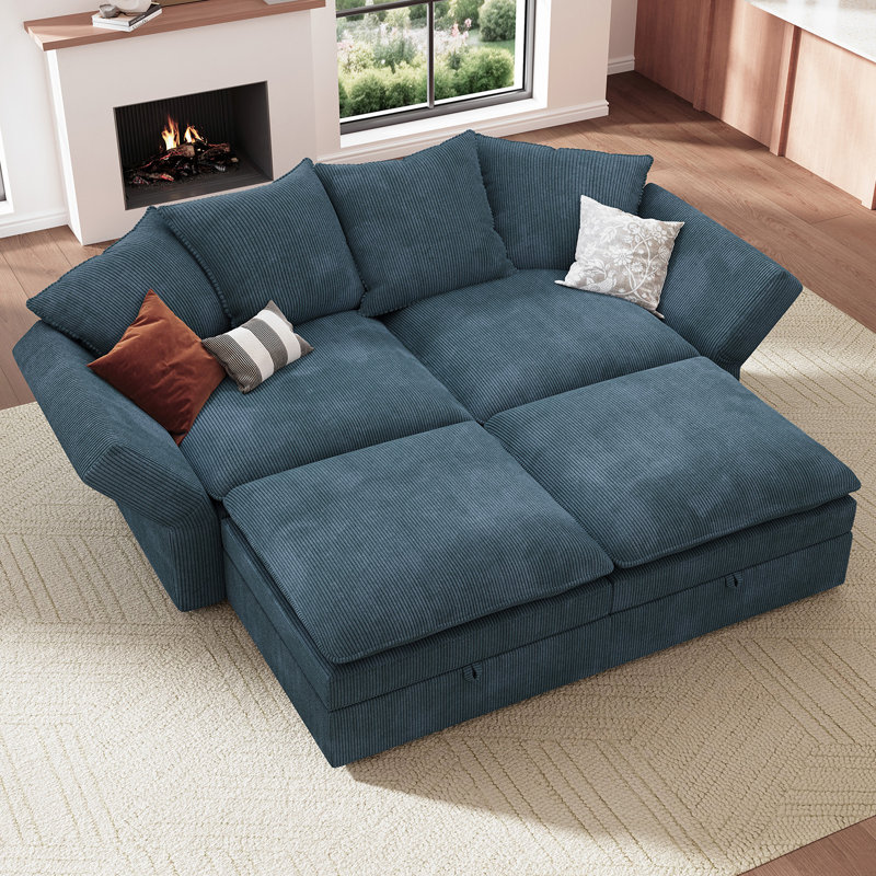 Wynter Corduroy Storage Sectional Sofa Modular Sofa Bed For Small Space, Blue Corduroy