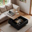 Table basse moderne carrée avec plateau relevable, rangement dissimulé et base flottante